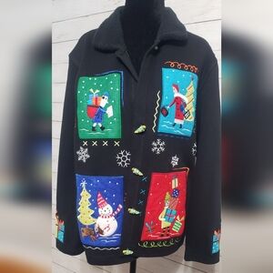 Women's Black Holiday Cardigan with Multicolored Festive Embroidery Large Casual